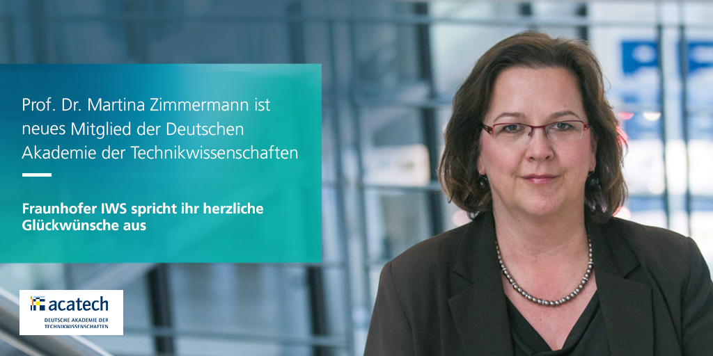 Tolle Neuigkeiten: Prof. Martina Zimmermann wurde als Mitglied in die @acatech_de gewählt & wird sich hier im Themennetzwerk #Materialwissenschaft & #Werkstofftechnik engagieren. Gratulation! 🥳

Ihre Arbeit am @FraunhoferIWS: iws.fraunhofer.de/de/technologie…

#lightatwork #fraunhoferiws