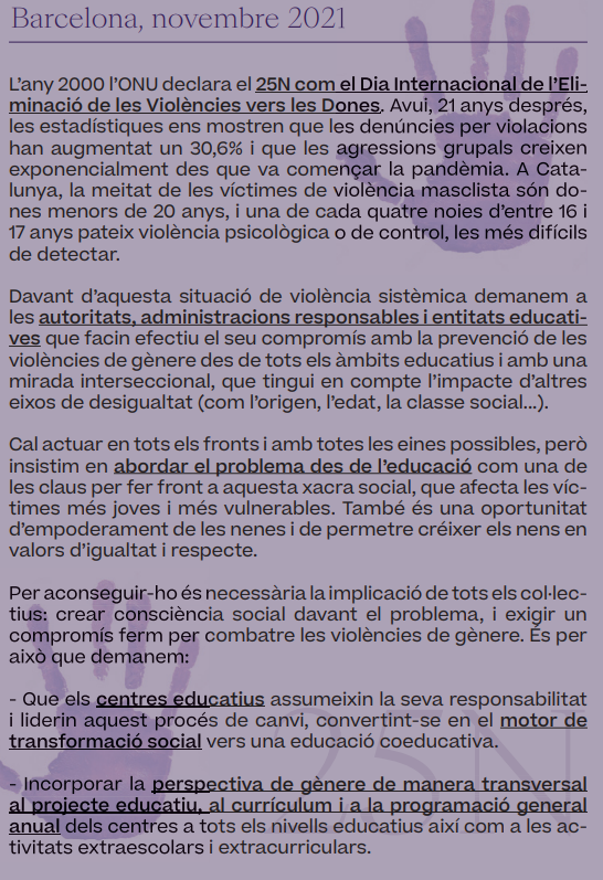 Afescoeducacio's tweet photo. Ens adherim al "Manifest en Defensa d'una Educació Coeducativa a les Aules", impulsat per #SantAndreuCoeduca i que compta amb el suport de més de 80 AFAs d'arreu. #25N
🎯Manifest https://t.co/uTW2yh9MV7
✊🏾Formulari d'Adhesió https://t.co/p9i3CJcBAh
La #Coeducació és el Camí https://t.co/3RFqFcQfx5