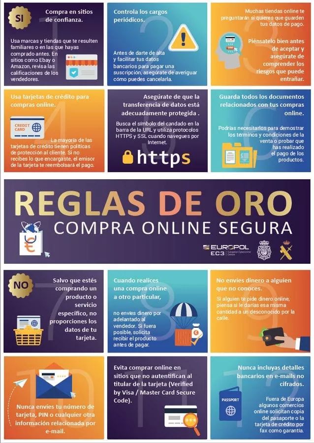 guardiacivil's tweet photo. Si no quieres que el #CyberMonday te salga caro, sigue las reglas de oro de las compras online: 
☑ Sitios de confianza
☑ Controla los cargos
☑ Usa tarjeta de crédito
☑ Asegúrate que la transferencia de datos está protegida (🔒https) ... ➕👇
Vía: @Europol https://t.co/UMqdkOnaic