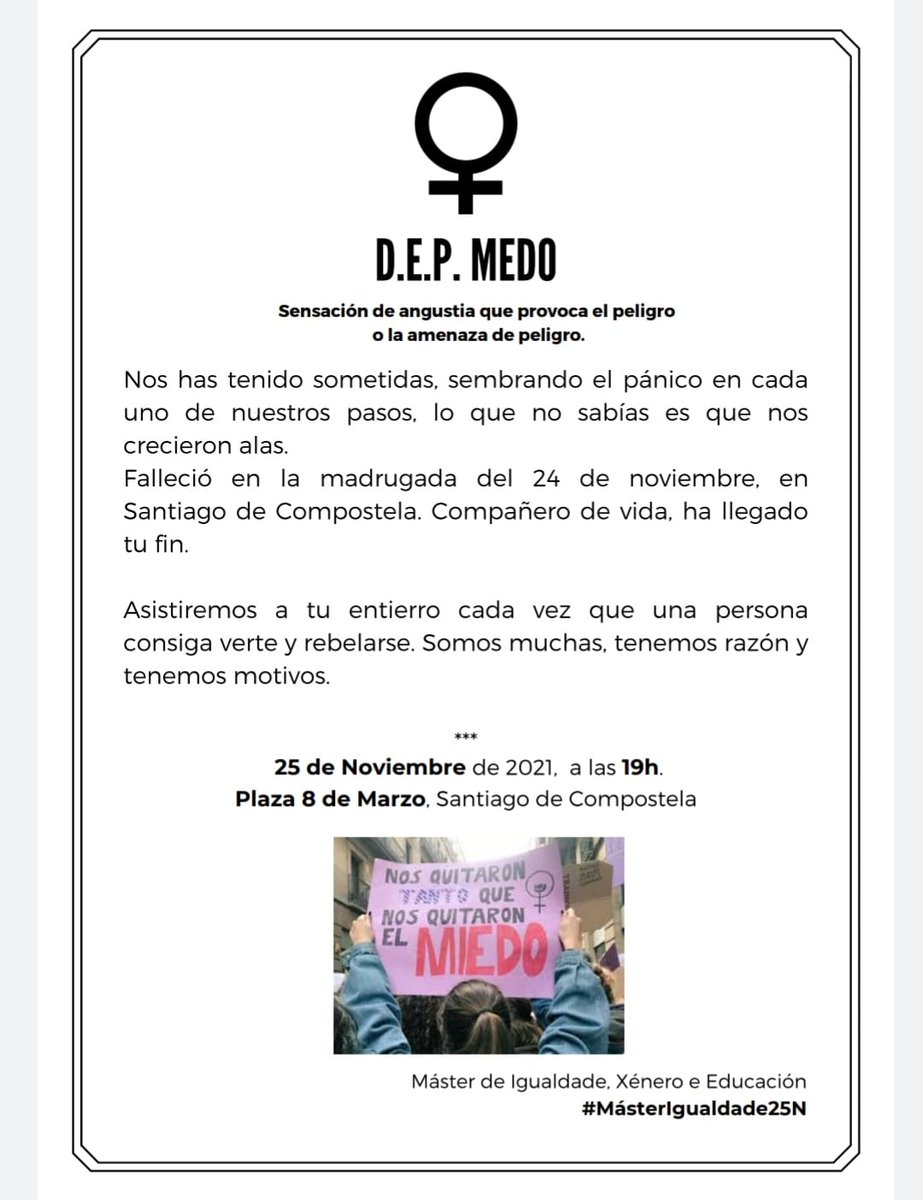 aeescompostela1's tweet photo. As compañeiras do máster de igualdade da USC (@/masterigualdadusc en instagram) compartiron no seu Instagram estas imaxes para convidarnos a participar na manifestacións que ten lugar hoxe o 25 de Novembro, saíndo da Facultade de Cc da Educación ás 18.30 cara a Praza 8 de Marzo https://t.co/uLeLtiHsEg