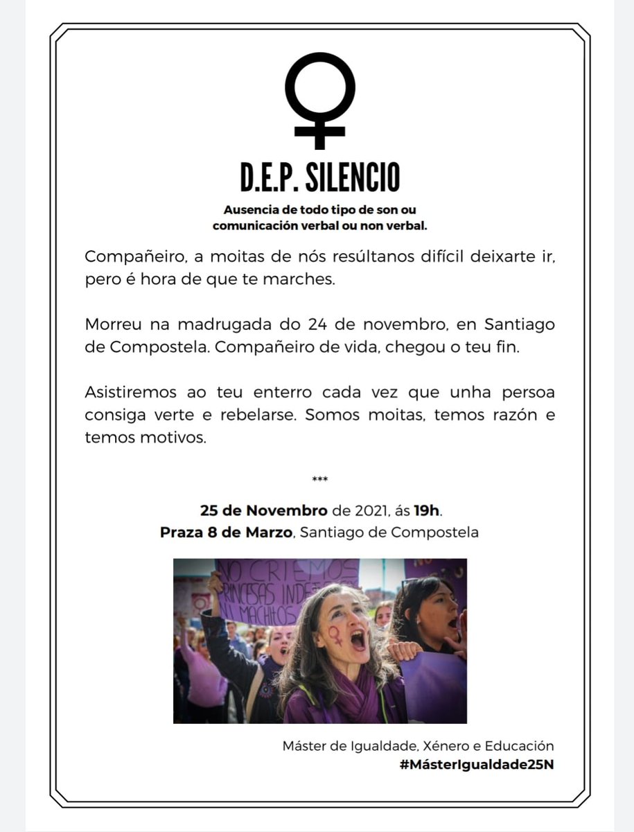 aeescompostela1's tweet photo. As compañeiras do máster de igualdade da USC (@/masterigualdadusc en instagram) compartiron no seu Instagram estas imaxes para convidarnos a participar na manifestacións que ten lugar hoxe o 25 de Novembro, saíndo da Facultade de Cc da Educación ás 18.30 cara a Praza 8 de Marzo https://t.co/uLeLtiHsEg
