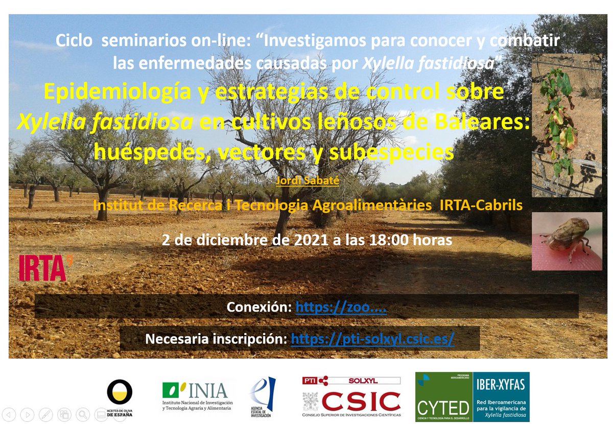 Sol_Xyl's tweet photo. 📢Último #webinar del año a cargo de Jordi Sabaté (@irtacat)! 
No te pierdas todo lo que nos contará sobre huéspedes 🌿, vectores 🦟y subespecies en el control de Xylella fastidiosa 🦠 de Baleares 🏝️.
#stopxylella🙅‍♀️
@IAS_CSIC https://t.co/ThJxOyd2aY