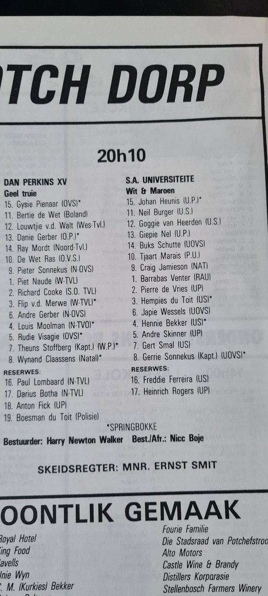 PotchDorp_RK's tweet photo. 1985 op ons eeufees viering. Kyk hierdie twee spanne vir ń hoof wedstryd. S.A Universiteite het blykbaar gewen.
@4KobusWiese @SARugbymag @SARugbyLegends 
Louwtjie v.d Walt is 2022 op ons bestuur wat omsien na ons Afrigters. https://t.co/psWLbY2o2l