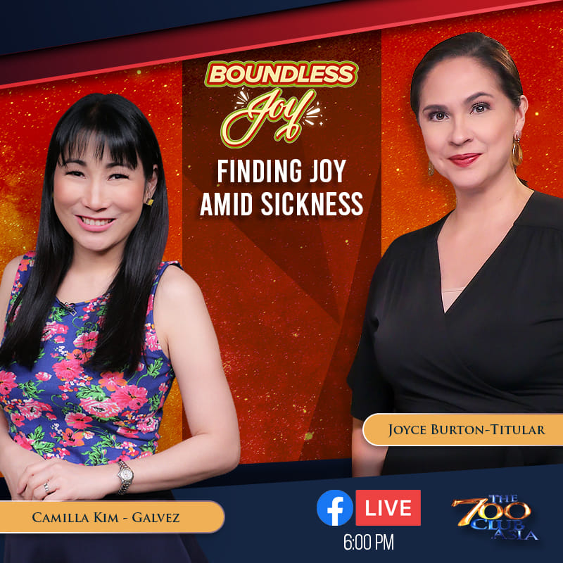 The700ClubAsia's tweet photo. Minsan mo na bang sinabi na βLord,fight for meβ dahil sa tindi ng sakit na hinaharap mo? Trust that He is not yet done with your story! Learn from Joyce Burton-Titular &Camilla Kim-Galvez as they share their personal healing journey. Catch our #BoundlessJoy FB LIVE, later at 6pm. https://t.co/3t3mlAmYnT
