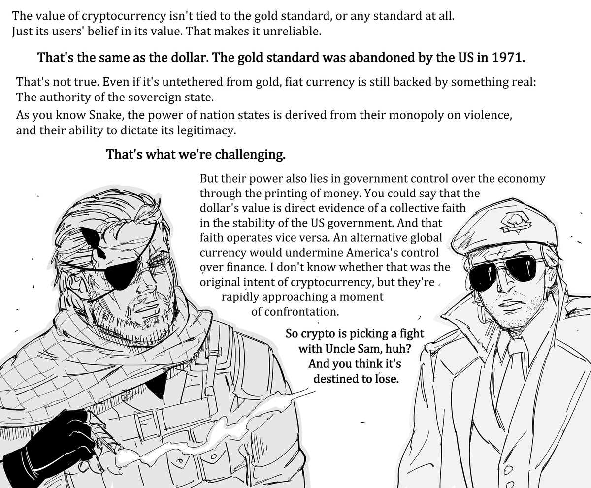 baalbuddy's tweet photo. Patreon request: 
Kaz explains cryptocurrency to Big Boss.

I tried to emulate Kojima's subtle and concise style of narration. https://t.co/U53XEJ7XfU