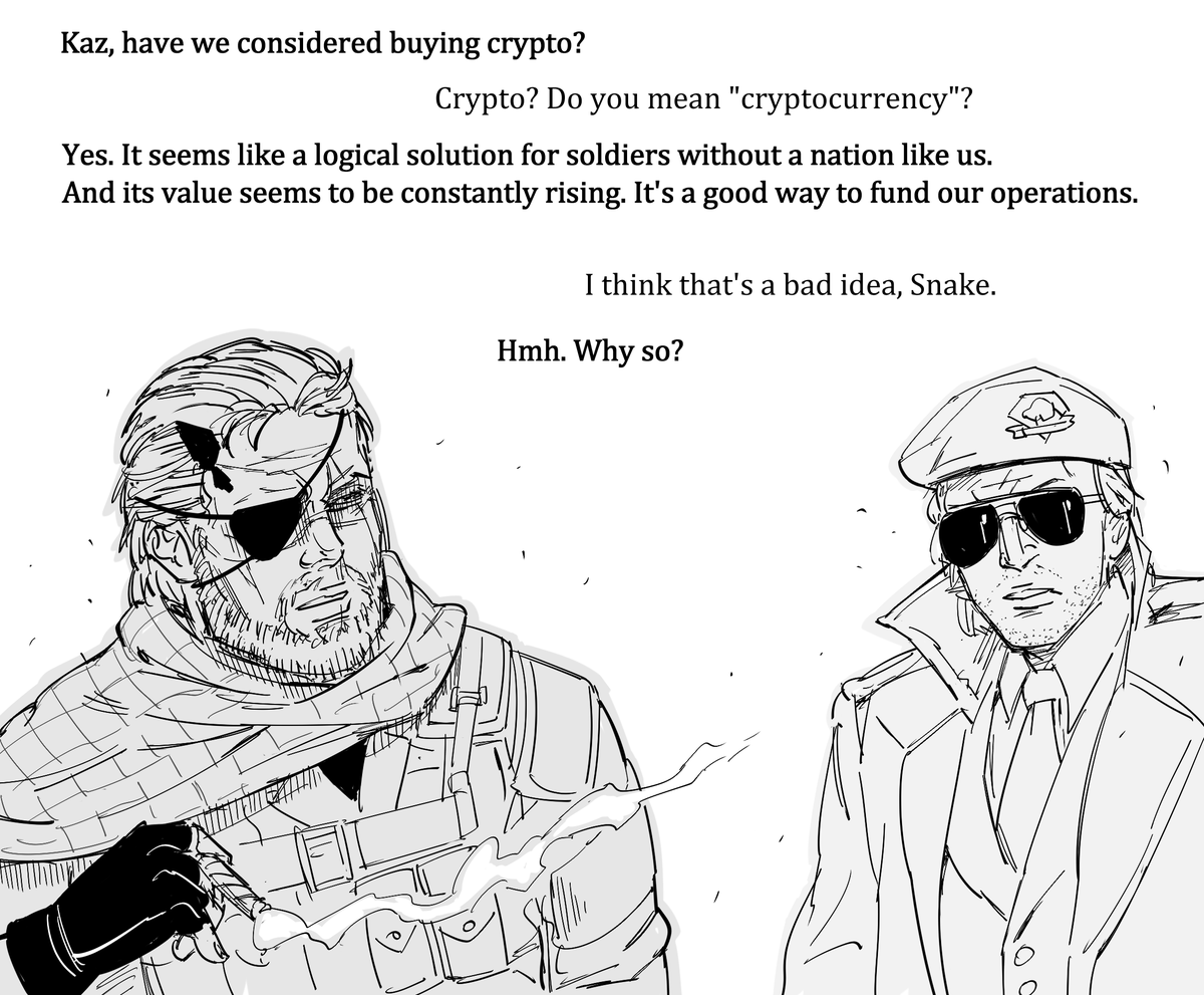baalbuddy's tweet photo. Patreon request: 
Kaz explains cryptocurrency to Big Boss.

I tried to emulate Kojima's subtle and concise style of narration. https://t.co/U53XEJ7XfU