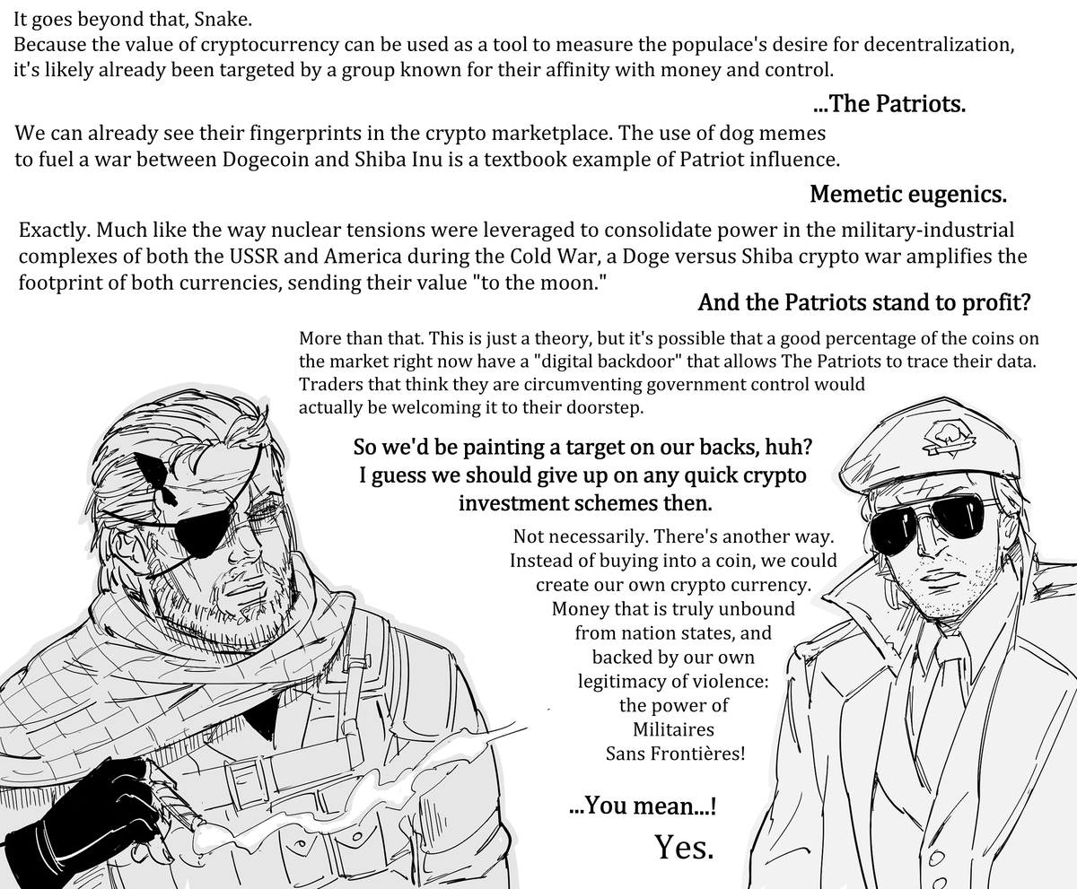 baalbuddy's tweet photo. Patreon request: 
Kaz explains cryptocurrency to Big Boss.

I tried to emulate Kojima's subtle and concise style of narration. https://t.co/U53XEJ7XfU