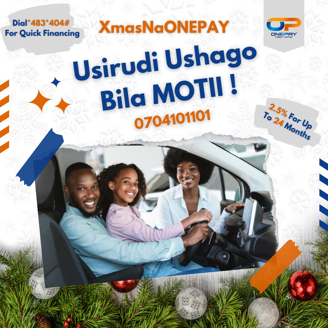 zingizanga's tweet photo. Hii Christmas,Usikubali Kurudi Ushago Bila Gari Yako 💯✔ Enjoy Car Financing In 6 Hours From As Low As 2.5% For Up to 24 Months Christmas Ikubambe😃.  Reach Out To Us Via 0704101101 Dial *483*404# For A Quick Loan Self Service💯#XmasNaONEPAY #saidikanaonepaycredit
#onepaycredit https://t.co/WGyg91lIUN