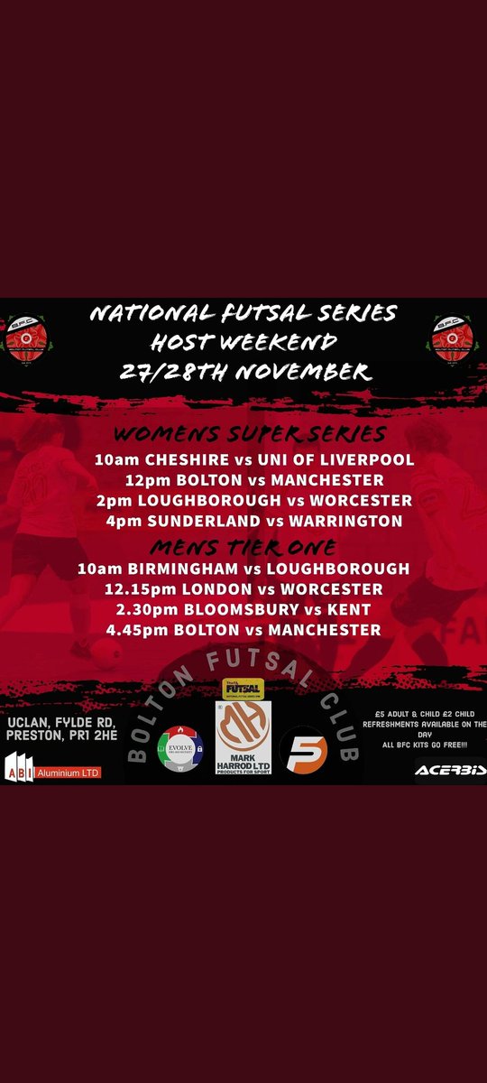 Calling futsal fans 📢 Any Child in your Club Futsal Kit Free entry on the day with one purchasing adult ticket 📢 <a href="/CheshireFutsal/">Cheshire Futsal</a> <a href="/Livuni_futsal/">Uni of Liverpool Women's Futsal</a> <a href="/MFC_Futsal/">Manchester Futsal Club</a> <a href="/Lborofutsal/">Loughborough Students Futsal</a> @WFC_Official1 <a href="/FutsalUos/">Team Sunderland Futsal</a> <a href="/WarrFutsalClub/">Warrington Futsal Club OFFICIAL</a> <a href="/Bhamfutsalclub/">BirminghamWLVFutsal</a> <a href="/HelveciaFC/">London Helvecia Futsal</a> <a href="/BloomsburyFTSL/">Bloomsbury Futsal</a> @FutsalKent