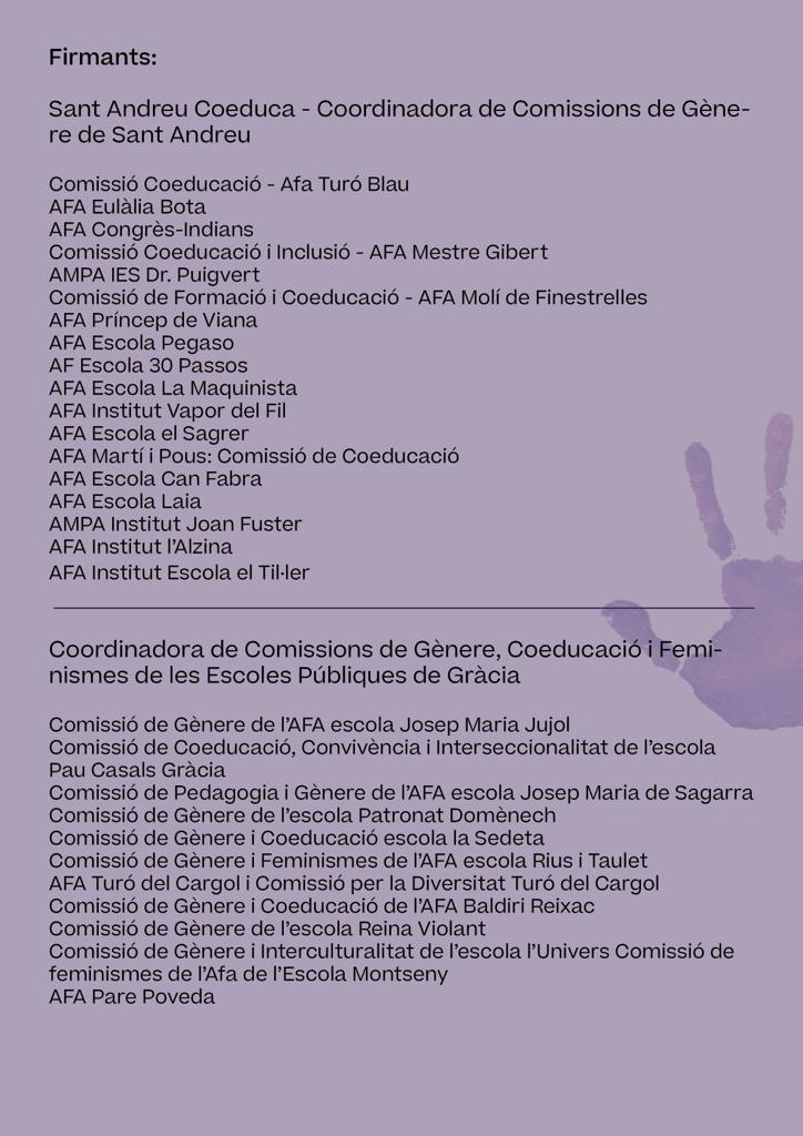 <a href="/coorafavng/">Coordinadora AFA VNG</a> <a href="/coorsantandreu/">Coordinadora d'AFA’s de Sant Andreu</a> <a href="/AfasGuinardo/">Coordinadora Afas Guinardó</a> <a href="/ampas_i/">Coordinadora AMPAs i AFAs Catalunya</a> <a href="/afes_santcugat/">Afes Sant Cugat</a> @FampasBadalona <a href="/AfaCossetania/">AFA Cossetània</a> <a href="/fructuosG/">AFA Fructuós Gelabert</a> Des de l'@aFFaC ens adherim al 📰 Manifest Unitari en Defensa d'una Educació Coeducativa a les Aules!

“Abordem el problema des de l’educació 💪 empoderem a les nenes i permetem que creixin en valors d’igualtat i respecte"

#25N #escolesfeministes #ViolènciesMasclistes