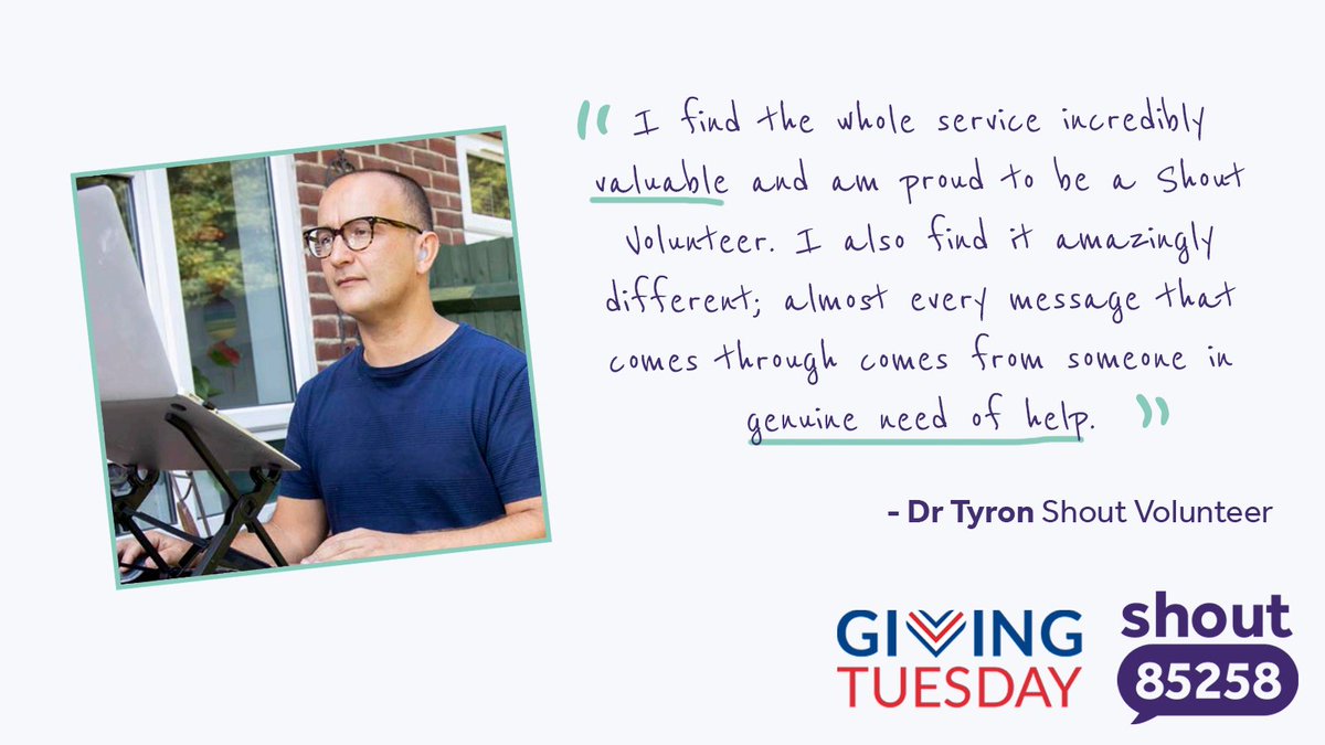 With #GivingTuesday coming up, could you consider becoming a Shout Volunteer? 91% of our volunteers say that the experience has enriched their everyday lives. You'll learn new skills and be there for people across the UK in the moment they need support. > giveusashout.org/volunteer-shou…