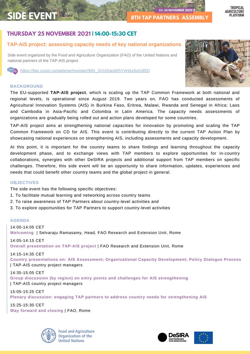 TAP_G20's tweet photo. 2⃣ "#TAP_AIS project: assessing #capacityneeds of key national organizations"
🗓️ today, 14:00 CET
✍️🏾 https://t.co/kD94FflkDN
(Flyer https://t.co/tCgmheGKE8)
Organized by @FAO, supported by #EU #DeSIRA initiative 🇪🇺
#AgInnovation
#TAP_PartnersAssembly
@EU_Partnerships https://t.co/nGs9HDXoWQ