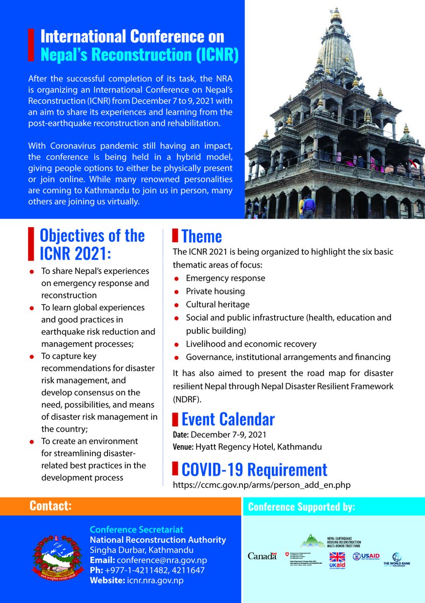 Count down for the International Conference on Nepal's Reconstruction 2021: 11 days remaining. Please visit icnr.nra.gov.np to register. #ICNR2021