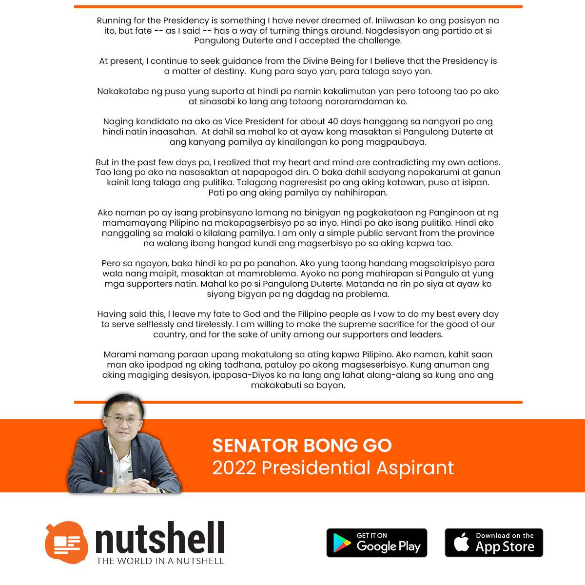 NutshellPh's tweet photo. Presidentiable Sen. Bong Go releases a statement on his 2022 candidacy. According to Go, the presidency is "a matter of destiny." https://t.co/Vwy7q3yqOe
