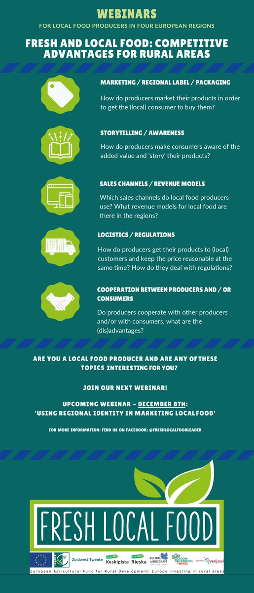 LEADER_AHL's tweet photo. Erzeuger aus der Region aufgepasst: Diverse Webinare im transnationalen #LEADER-Kooperationsprojekt #FreshLocalFood mit NL und FIN geplant!
Wir suchen Interessierte, die ihre Erfahrungen mit KollegInnen teilen möchten. Bei Interesse gern beim Regionalmanagement melden.
#AHL https://t.co/FJ7KMSgyVT