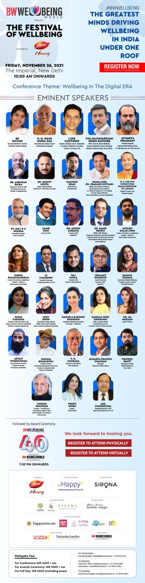 BWBusinessworld's tweet photo. Tomorrow: Globally Renowned Wellbeing Experts -  Leading Spiritual Coaches &amp; Lifestyle Coaches under one roof at @BW_Wellbeing ‘The Festival of Wellbeing 2021’, at The Imperial, New Delhi 

Register On: https://t.co/nkpmJI6ha2
To attend, Virtually: https://t.co/H7hc34aeLo https://t.co/UAMxY86UcF
