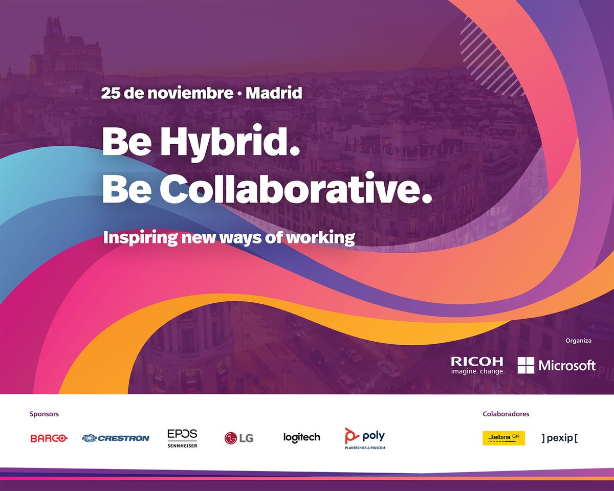 ricohspain's tweet photo. #FelizJueves 
Hoy convertimos #Madrid en la capital del #trabajohíbrido.
Las últimas soluciones tecnológicas de la mano de nuestro socio @MicrosoftES y partners @barco @Crestron @Eposaudio @lgespana @Logitech @PolyCompany @We_are_Jabra @pexip 
#BeHybridBeCollaborative https://t.co/5mGruv5aNg