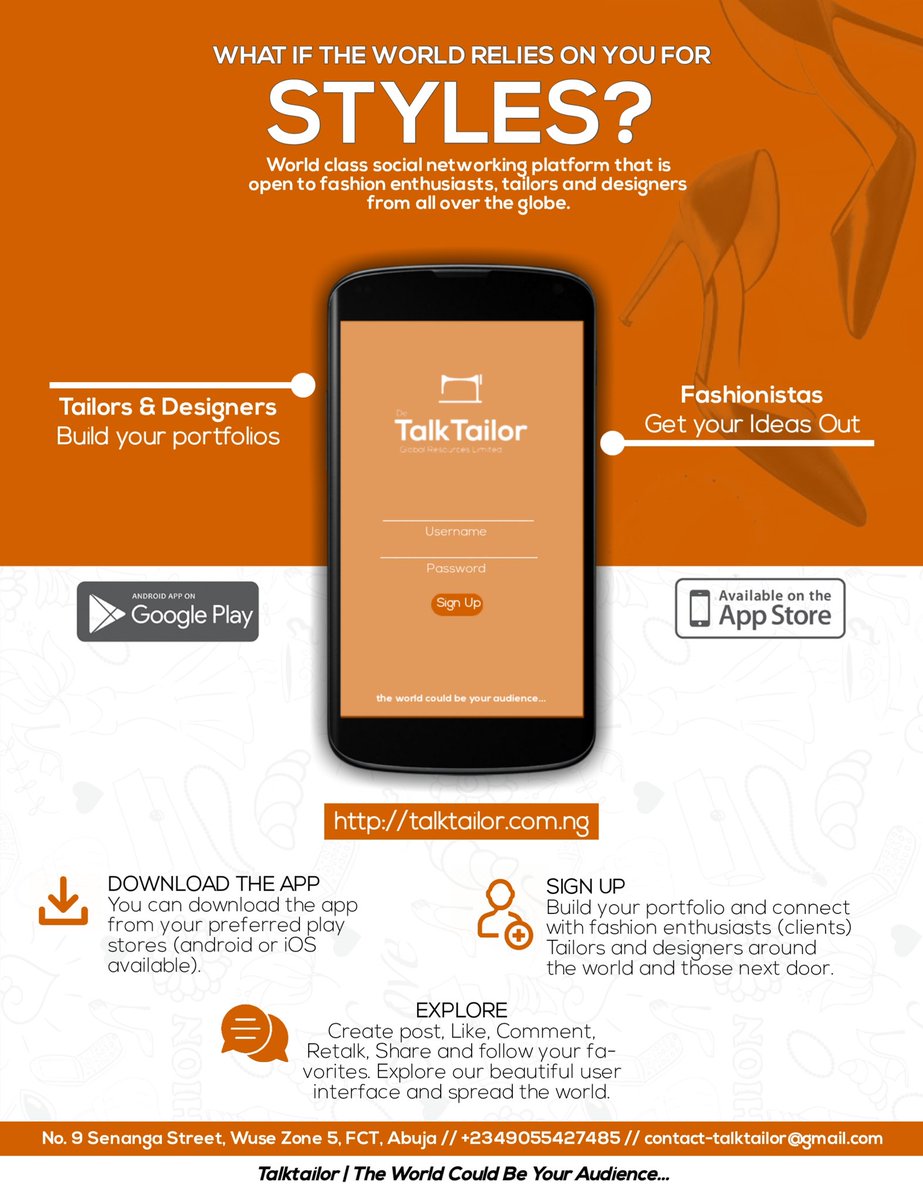 talktailor's tweet photo. For #tailors, #seamstresses and #designers
-Create an account
-Upload your designs
-Gains exposure/Sell them
For #fashionista
-Create an account
-Upload your styles
-Gains exposure/Earns from it
Visit https://t.co/jjDNBjRm6P To Get Started ✅✅✅
#fashionTech https://t.co/GwpNqDigZZ