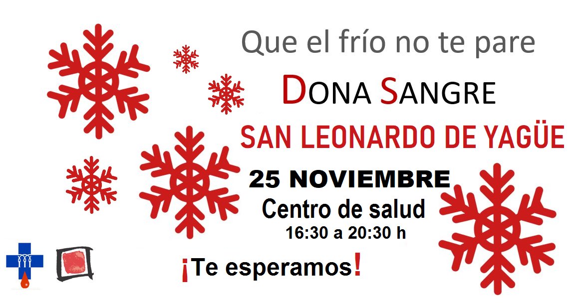 donasangresoria's tweet photo. Día de invierno🥶 y tarde de #DonaciónDeSangre ❣ en San Leonardo de Yagüe. Ven al centro de salud 🏥 de 16:30 a 20:30 h a compartir un poquito de ti 💕.
‼Te esperamos‼
@dipsoria @sanleonardotm @iessanleonardo @desdeSoria https://t.co/XfvuYTUweq