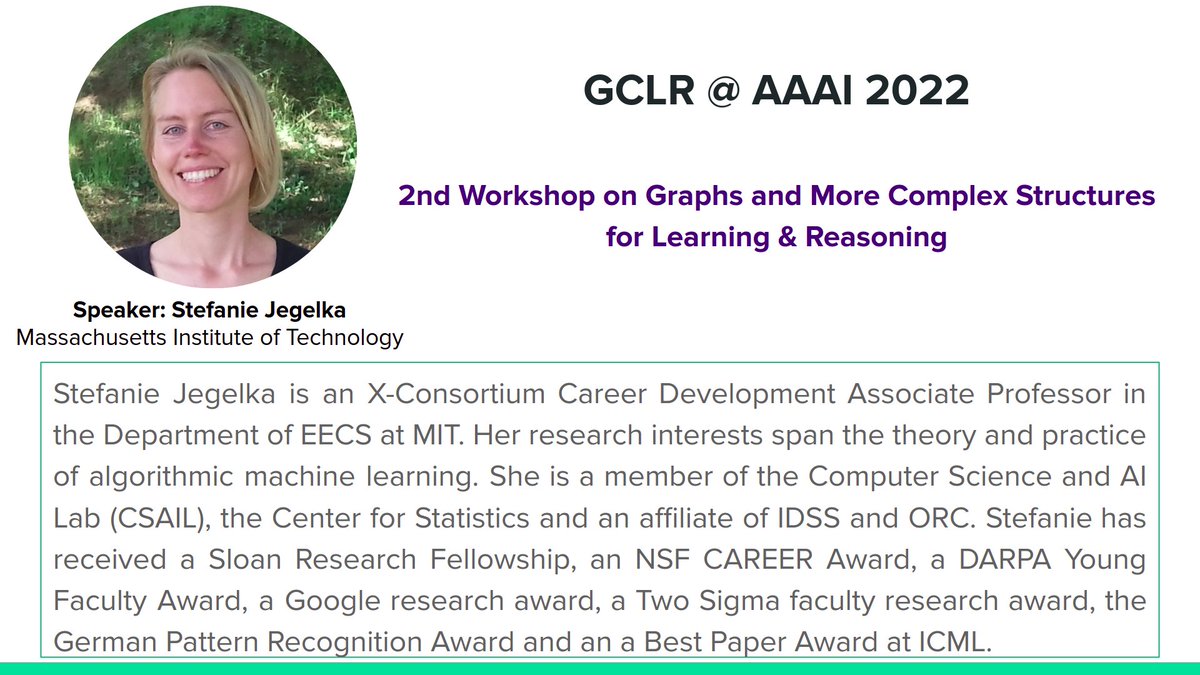 GclrW's tweet photo. Excited to introduce our next speaker Stefanie Jegelka from @MITEECS @MIT_CSAIL @mitidss at 2nd GCLR workshop at AAAI 2022 @RealAAAI

More details at: https://t.co/vOQel5IQQP

@ravi_iitm @PhilChodrow @gin_bianconi @kerstingAIML @Sriraam_UTD https://t.co/7euHJHhp9m