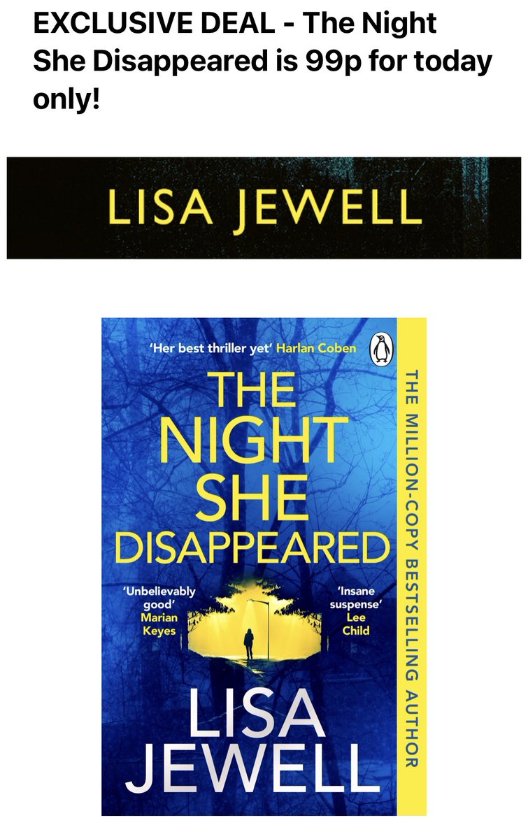 GOGOGOGOGO!!

@lisajewelluk’s latest thriller #TheNightSheDisappeared is 99p on kindle TODAY ONLY!!

Don’t miss this ludicrous deal, because this book is a BANGER! 🔥💥🔥