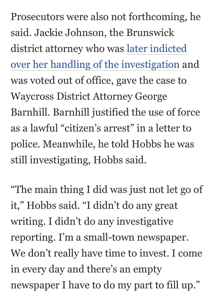 I’m so glad the Washington Post included this telling info in this report on Ahmaud Arbery’s case: how it was first reported locally, and how the decimation of small newsrooms sets up so many barriers to bringing the media attention justice (sadly) needs. washingtonpost.com/nation/2021/11…