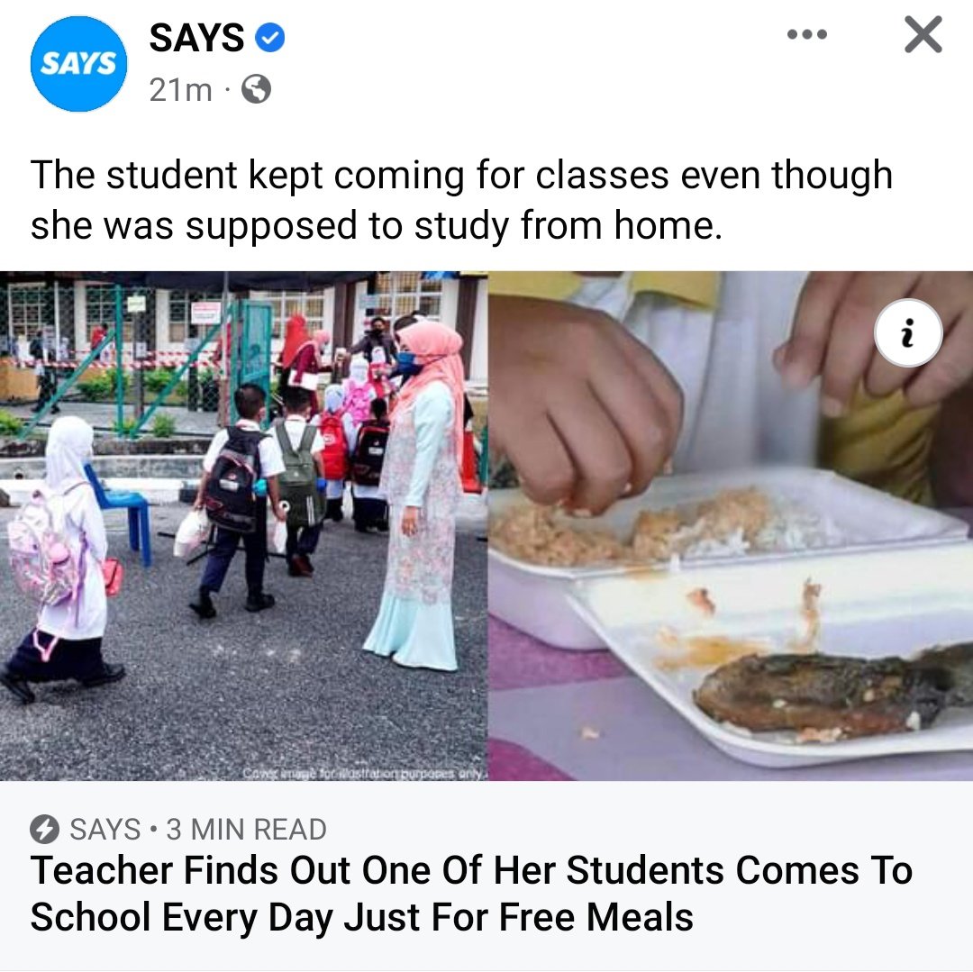 SyedAkramin's tweet photo. Kejadian berlaku di Terengganu. Seorang murid perempuan datang ke sekolah walaupun bukan gilirannya hadir kelas fizikal. Selepas disiasat, sebenarnya dia hadir sebab lapar. Mahu makanan percuma RMT. 

Rakyat lapar, menteri pula sibuk tukar kereta. Semoga terima balasan setimpal. https://t.co/QOCieoWhRo