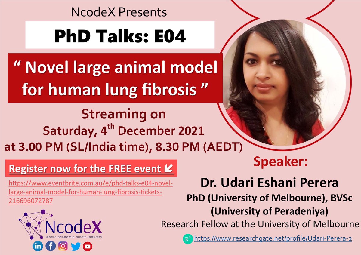 Our Speaker for this month on '#PhDTalks by #NcodeX' is 'Dr. Udari Eshani Perera', a Research Fellow at the University of Melbourne talking about her research in novel large animal model for human lung fibrosis.

Register at lnkd.in/gV5y8U26

#ncodex #phdtalks #research