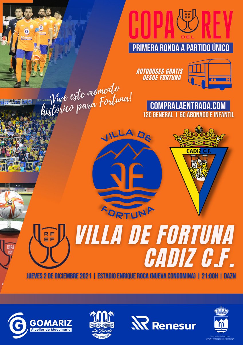 ⚽️ ¡Una semana para que llegue el partido de Copa del Rey que vamos a vivir contra el <a href="/Cadiz_CF/">Cádiz Club de Fútbol</a>!

Será el próximo jueves 2 de diciembre a las 21:00 horas en el Estadio Enrique Roca y televisado por DAZN.

Las entradas son a 12€ general y 6€ para abonados e infantil
