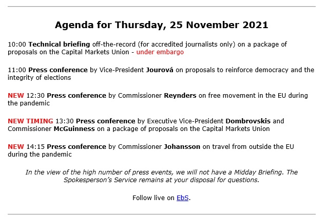 2/2📣Busy day <a href="/EU_Commission/">European Commission</a> press room:
🕐13:30 Press conference by <a href="/VDombrovskis/">Valdis Dombrovskis</a> and <a href="/McGuinnessEU/">Mairead McGuinness</a> on a package of proposals on the Capital Markets Union
🕑14:15 Press conference by <a href="/YlvaJohansson/">Ylva Johansson</a> on travel from outside the EU during the pandemic