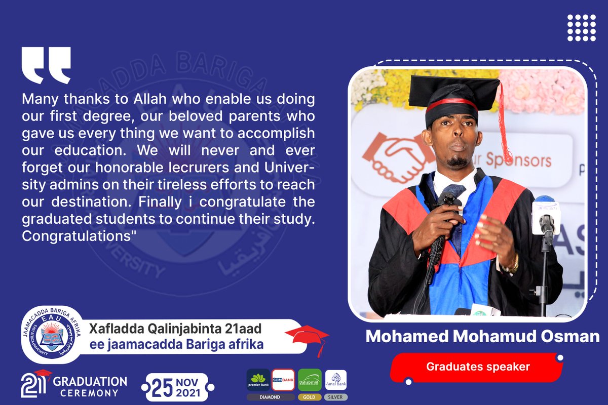 eaumain's tweet photo. Mohamed Mohamud Osman, Graduates speaker "Many thanks to Allah who enable us doing our first degree, our beloved parents who gave us every thing we want to accomplish our education. We will never forget our lecrurers and admins on their tireless efforTS. #EAUGRADUATIONCEREMONY https://t.co/eyzGvnY2Ou