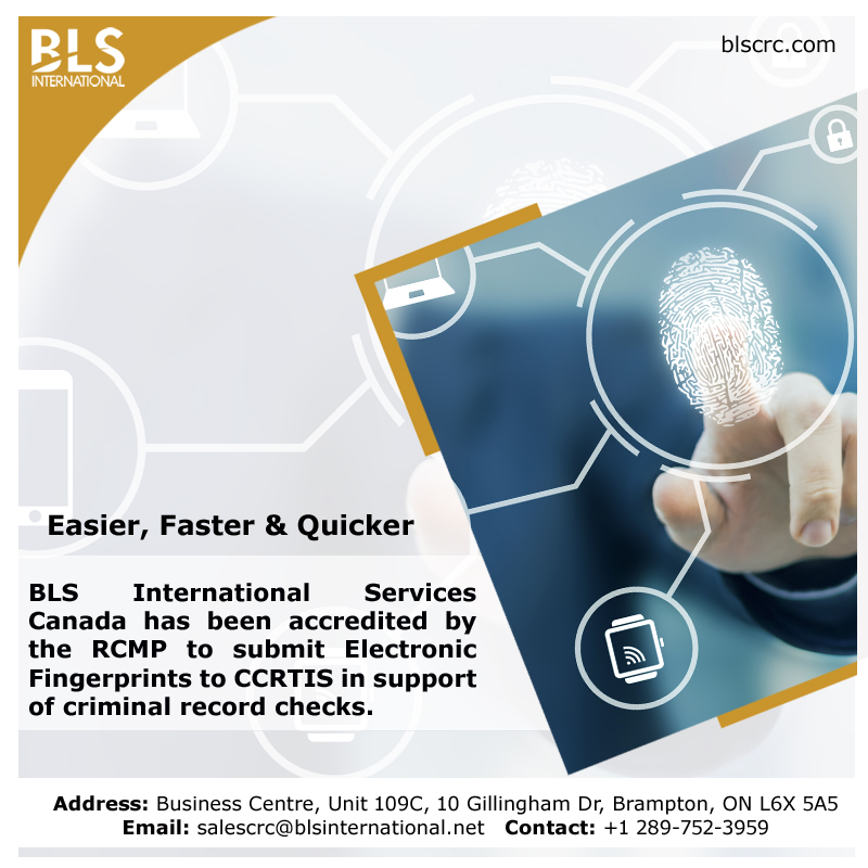 blscrc's tweet photo. #BLSInternational Services #Canada has been accredited by the #RCMP to submit Electronic Fingerprints to #CCRTIS in support of criminal record checks. To apply, call us on +1 289-752-3959 or visit: https://t.co/r1GVVNV0oJ
#DigitalFingerprinting #Brampton #Ontario #Oakville https://t.co/1httIpZhMl