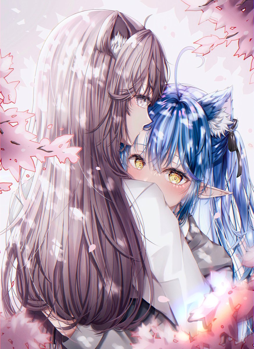 獅白ぼたん ,雪花ラミィ 「ししらみKiss💙🤍【2】

額キス😘
#LamyArt #ししらーと 」|架界ヒカル🎼テトラピア代表のイラスト