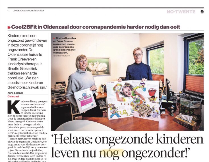 Cool2BFit in #Oldenzaal door #corona harder nodig dan ooit. In de Tubantia vertellen projectleider Sinette Giesselink en huisarts Greeven @frankhuisarts waarom ze zich zorgen maken over kinderen in Oldenzaal. #gezondgewicht #bewegen #lekkerinjevel cool2bfit.nl