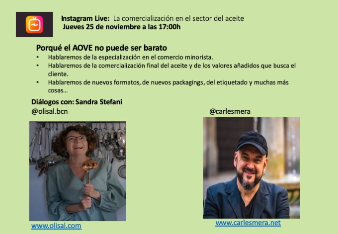 Porqué el #AOVE no puede ser barato. 
No te pierdas el LIVE de hoy con <a href="/sandrastefani/">Sandruski</a> de la tienda especializada en la venta de aceite <a href="/olisal/">Salvador Oliva</a>
 Hablaremos de:
🎤Comercios especializados al #aceite
🎤 #comercializaciónaceite  
🎤 #promoción del #aceitedeoliva