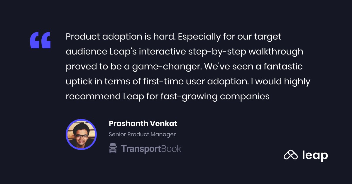 get_leap's tweet photo. See why the product team at TransportBook relies on Leap to deliver an exceptional app onboarding for their users.

Want a better way to onboard your user? Try Leap: https://t.co/CVwxq5FjYF https://t.co/0XFH6AmJC7