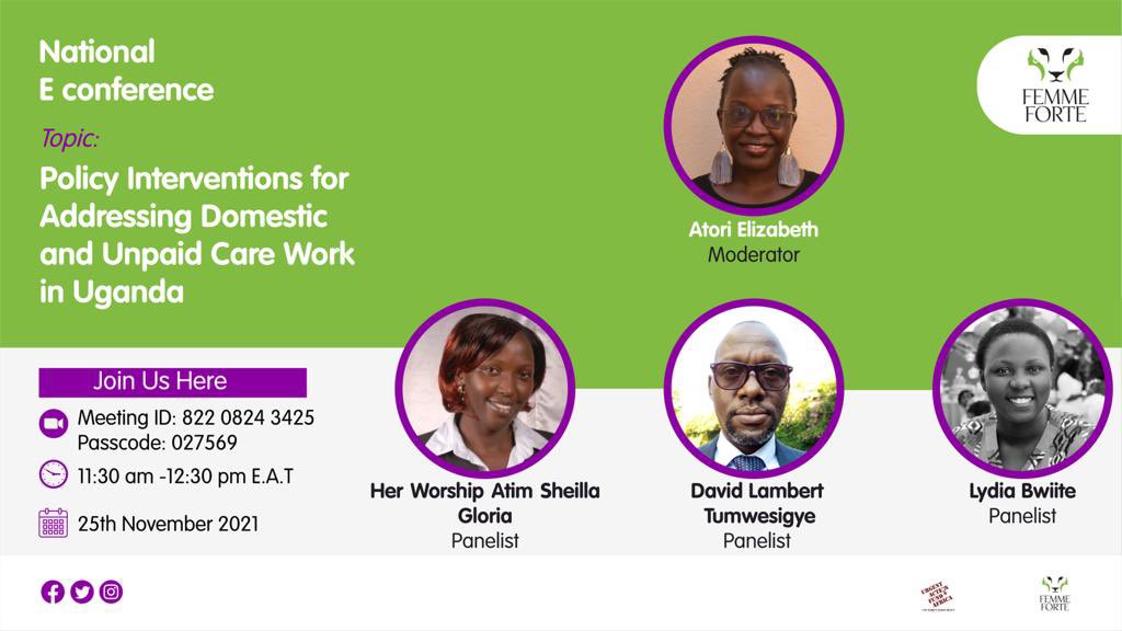 Still about the #UnpaidCareWork e-conference discussion, the National panel is on now and is discussing policy interventions for addressing domestic and unpaid care work in Uganda. Join the discussion right now via zoom using us02web.zoom.us/j/82208243425?…