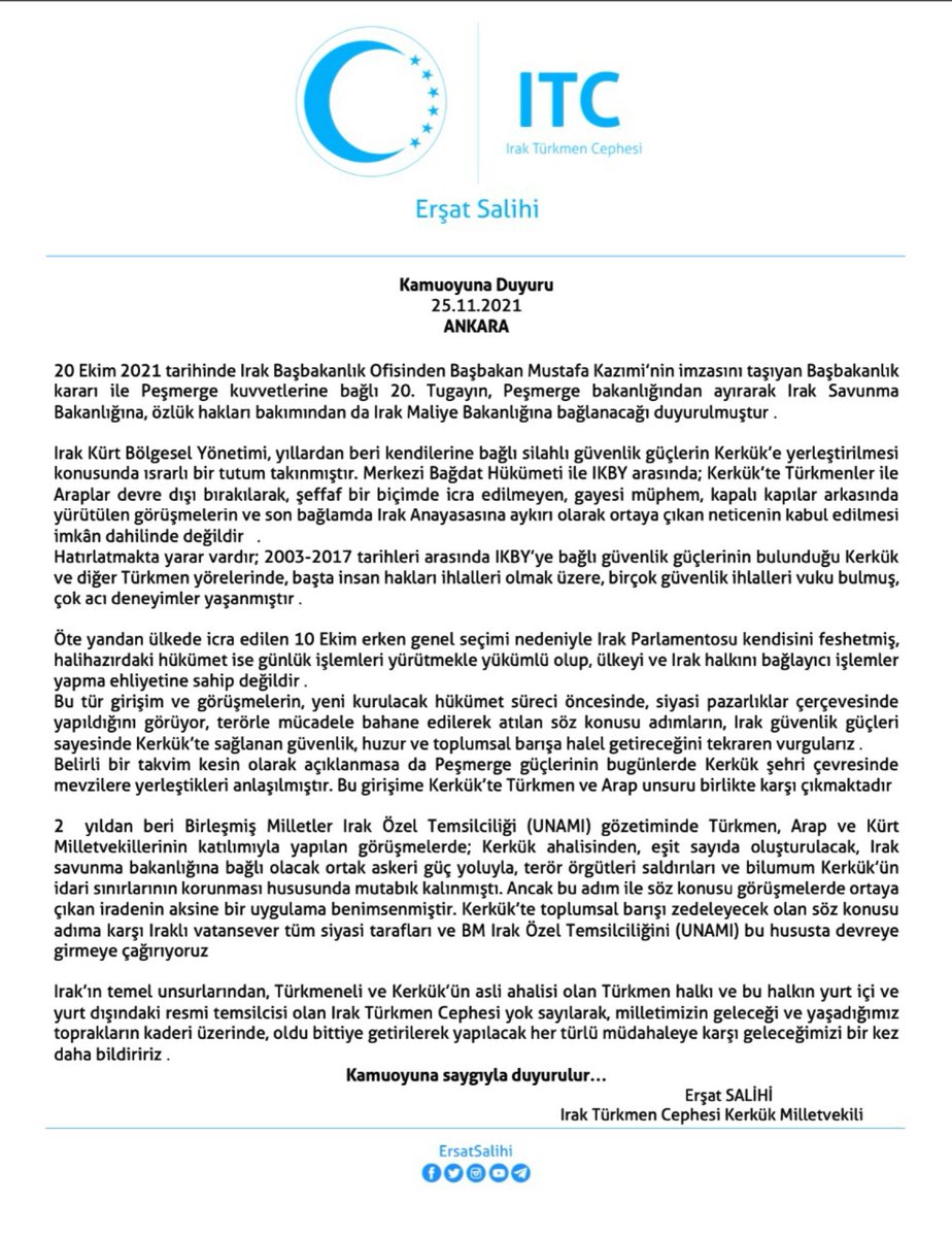 Kerkük’e Peşmerge’nin girmesine asla izin vermeyeceğiz. 

Bu konu hakkındaki kamuoyuna duyurumuzu sizlerle paylaşıyoruz.