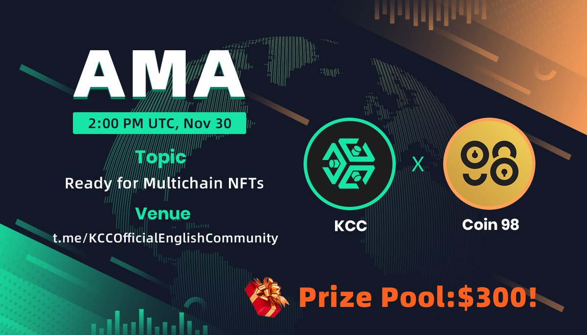 KCCOfficialTW's tweet photo. #KCC and  @coin98_wallet, one of the leading wallet projects, are going to have an AMA next Tuesday in the KCC main chat👏👏👏

Coin98 has some great news regarding multichain NFTs support🚀🚀🚀

🎁Prize pool $300
👉Join gleam competition here:https://t.co/9jzc5kc5nS
#KCS  #NFTs https://t.co/h7N12GK0f4