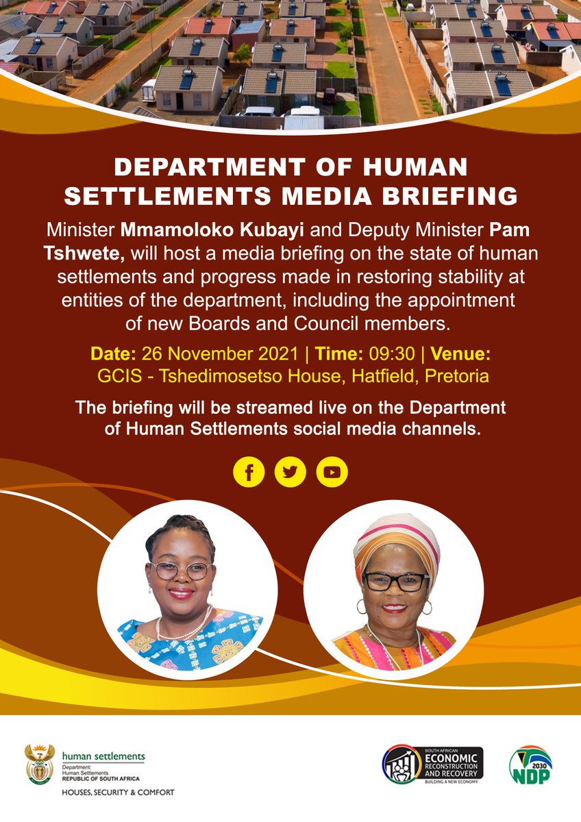 MEDIA INVITE

25 NOVEMBER 2021

MEDIA BRIEFING ON THE STATE OF HUMAN SETTLEMENTS

bit.ly/3CUNnwC

#HousingTheNation
