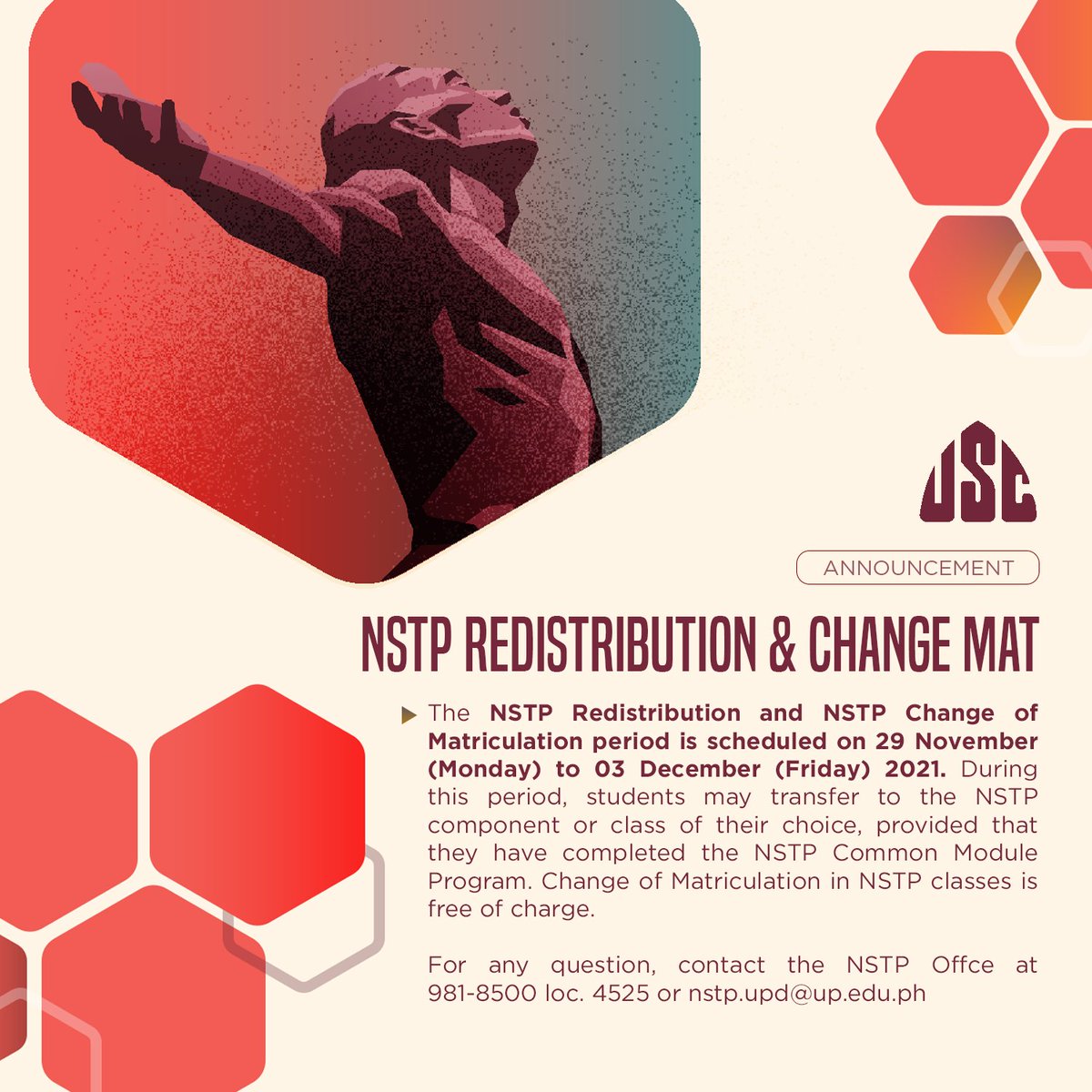USCUPDiliman's tweet image. #NSTP #ChangeMat | The NSTP Redistribution and NSTP Change of Matriculation period is scheduled on 29 November  to 3 December 2021. 

Students may transfer to the NSTP component or class of their choice, provided that they have completed the NSTP Common Module Program.