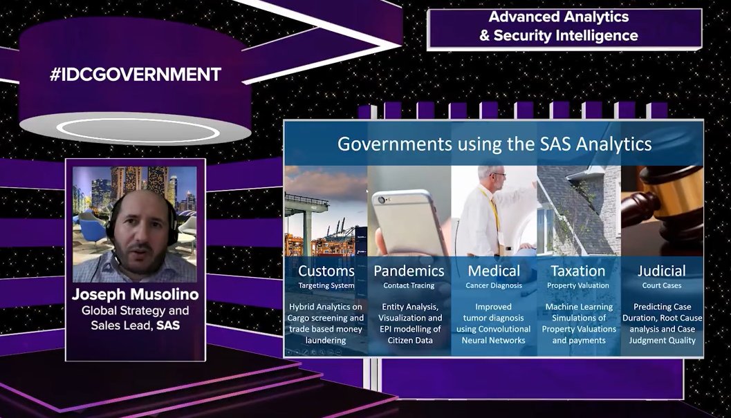 IDCMEA's tweet photo. Sharing insights into how #governements are leveraging #SAS analytics #customs #pandemics #medical #taxation #judicial | Joseph Musolino, Global Strategy and Sales Lead, SAS @SASsoftware | #IDCGOVERNMENT #IDCDigital @Vineshia @IDC_SSA @aquariandeepa https://t.co/Wfs8Qrhf2z