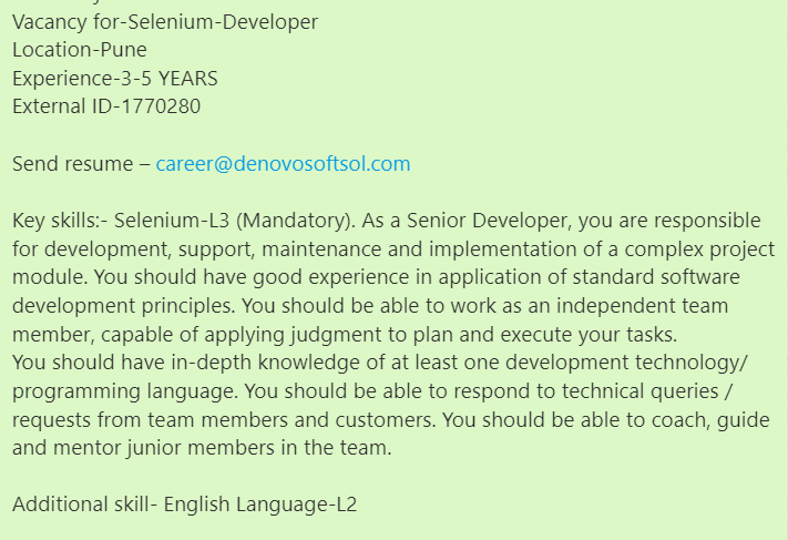 denovosoftsol's tweet photo. #denovojobs #denovo
Vacancy for-Selenium-Developer
Location-Pune
Experience-3-5 YEARS
External ID-1770280

Send resume – career@denovosoftsol.com
#selenium #SOAtesting #groovyscripting #dataanalyst #seniordeveloper #testengineer #seleniumjobs #dataanalyst #developer #testengineer https://t.co/5ExT6a80Km