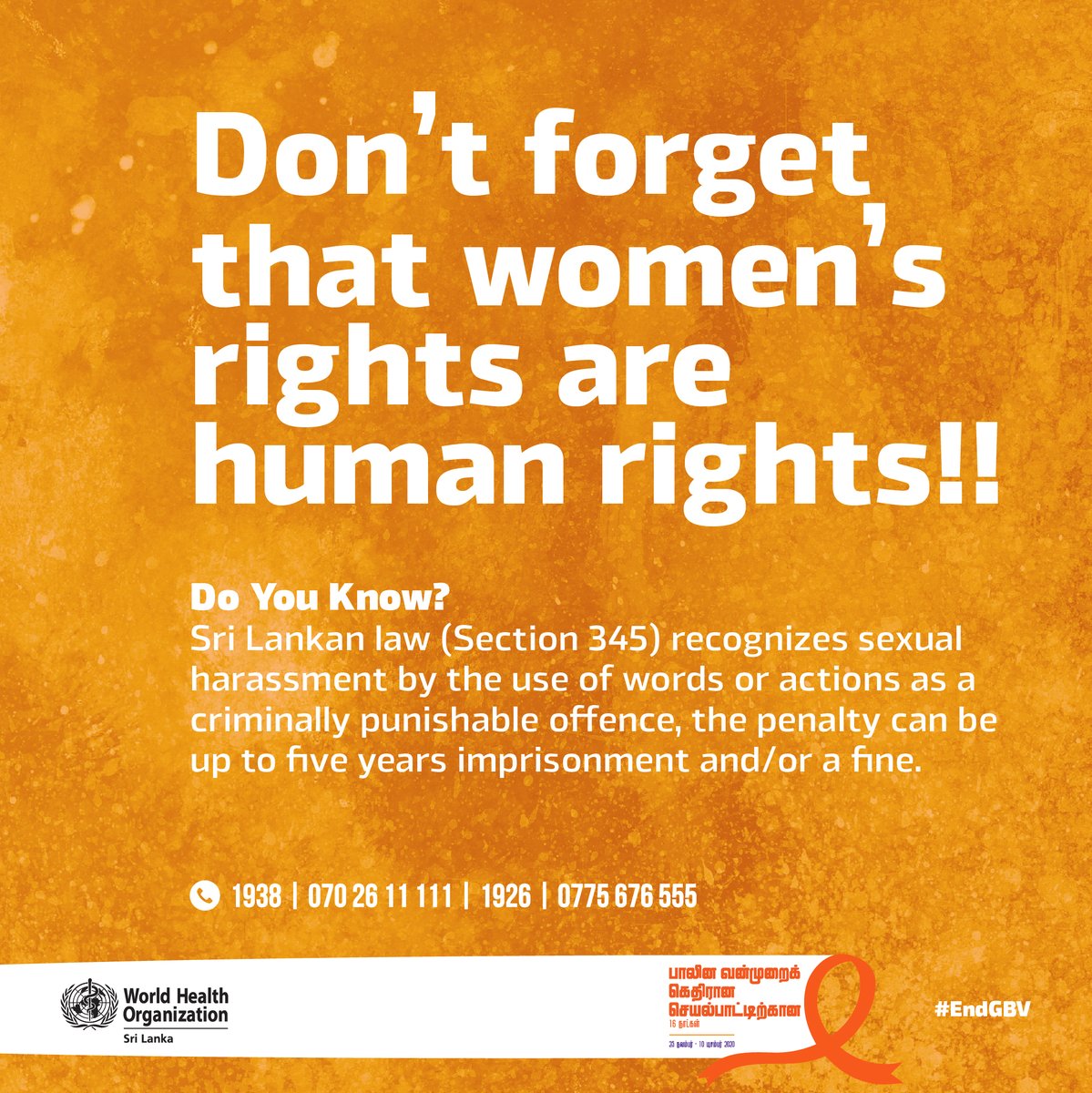 WHOSriLanka's tweet photo. Don’t forget that women’s rights are human rights!

#16DaysOfActivism  #OrangeTheWorld  #16Days #endVAWG #16DaysofActivism2020 #SriLanka #lka https://t.co/LkUmF1aiZ2