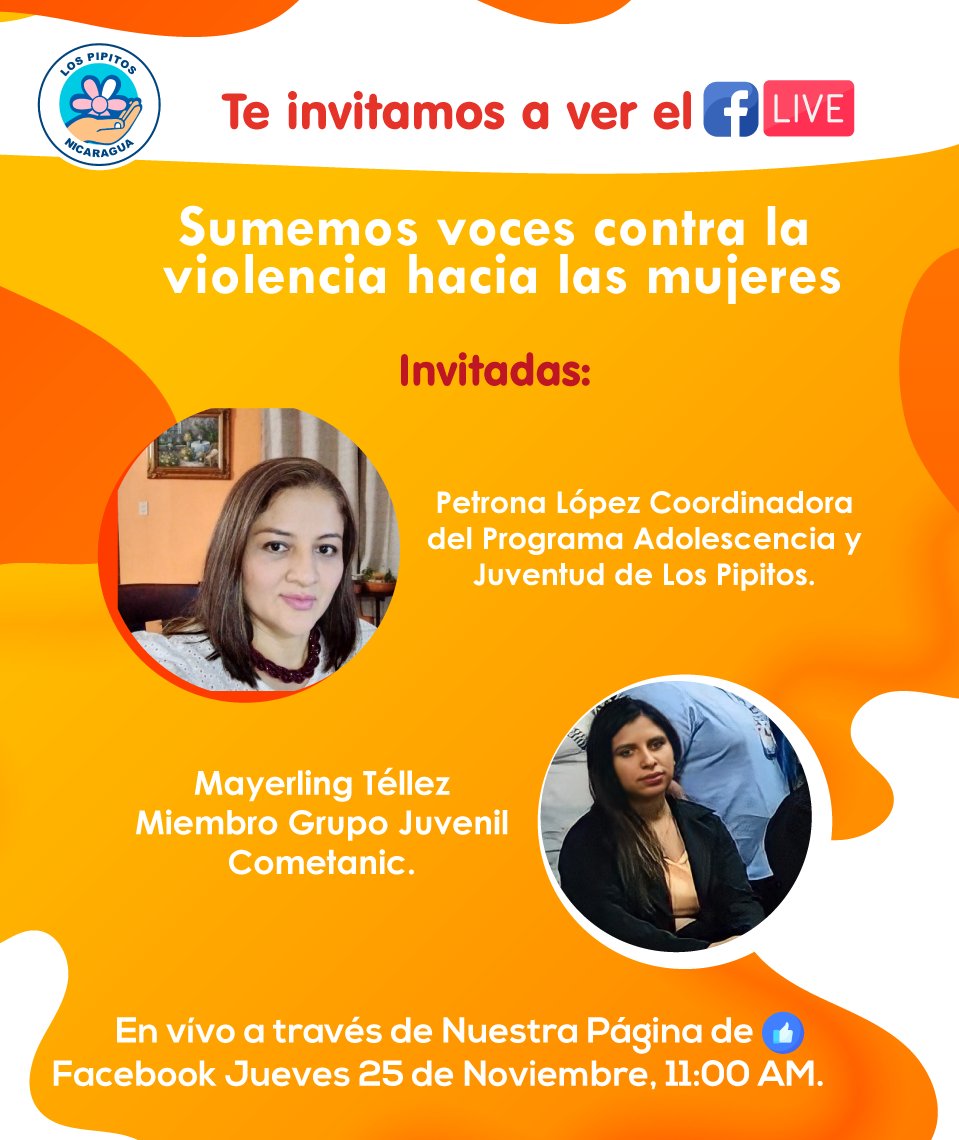 LPipitos's tweet image. ¡Este jueves 25 de Noviembre a las 11am, te invitamos a sintonizar el en vivo &quot;Sumemos voces contra la violencia hacia las mujeres&quot;, en conmemoración del Día Internacional de la Eliminación de la Violencia contra la mujer.