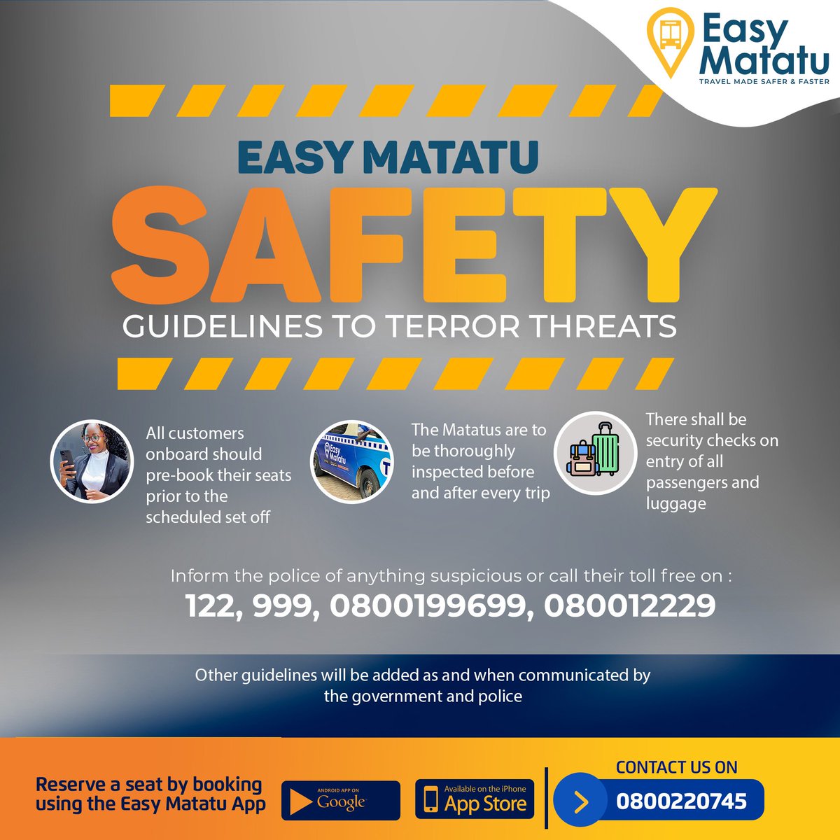 EasyMatatu's tweet photo. Given the recent attacks within our city and terror threats, please take note that we shall be taking the following precautions on all of our rides; lets all be vigilant and take care.
#EasyMatatuValuesYou
#Terrorist
#Terrorism https://t.co/O6HJHNN77B