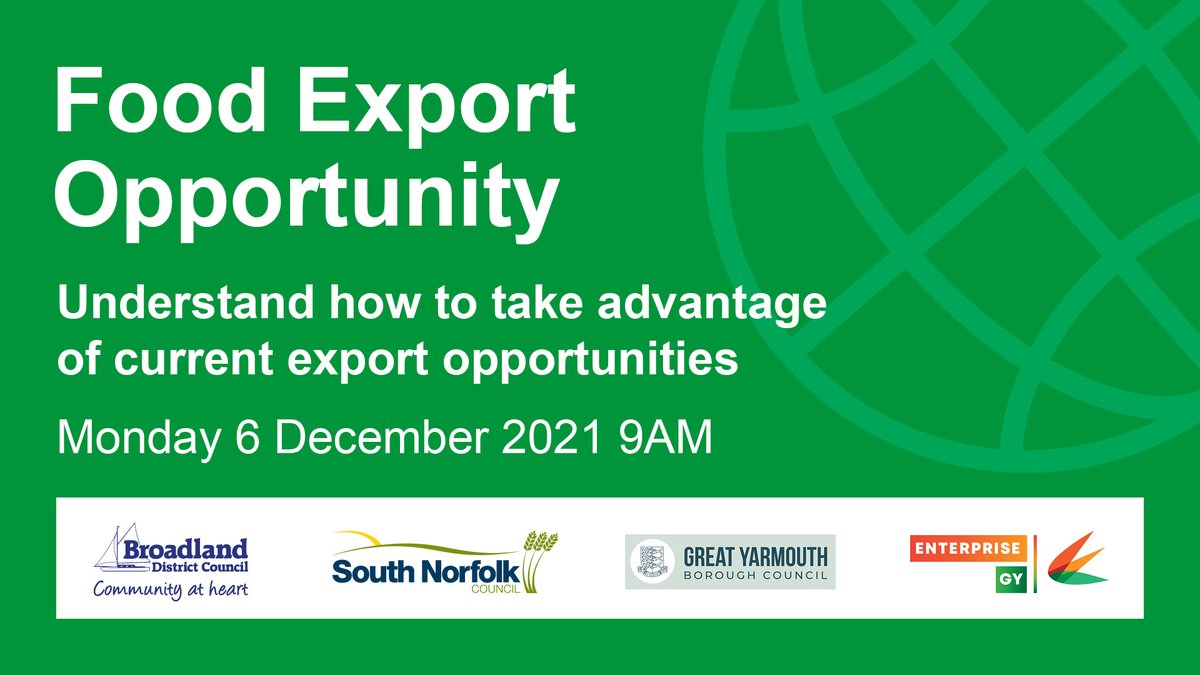 Join our focused 1hr interactive online event at 9am Mon 6 Dec: current export opportunities for GY food businesses with experts sharing in-depth knowledge. Email business.support@southnorfolkandbroadland.gov.uk to register #trade #export #yarmouth <a href="/SNorfolkCouncil/">South Norfolk Council</a> <a href="/BroadlandDC/">Broadland District Council</a>