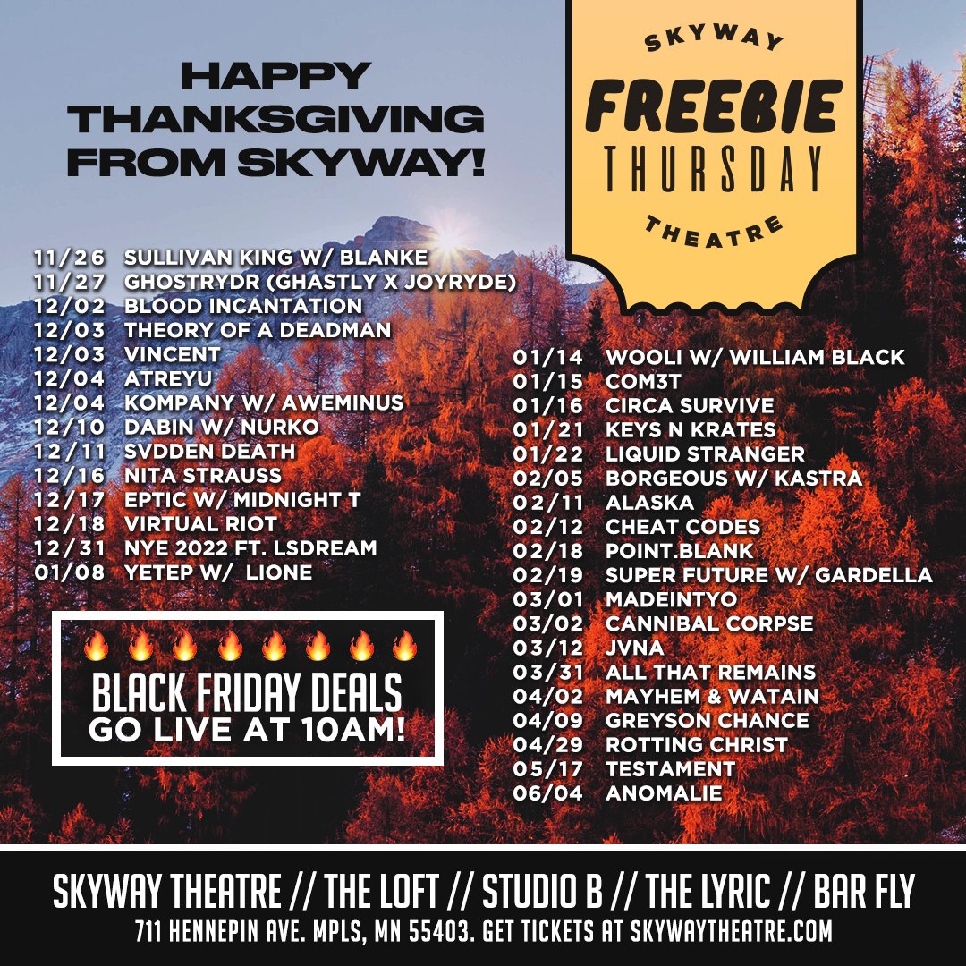 SkywayTheatre's tweet photo. 🦃 FREEBIE THANKSGIVING THURSDAY 🦃

Enter to win a pair of tickets to any of the shows listed above! All you have to do is.... 1. LIKE this post. 2. RT this post! 3. COMMENT below with the show you want to attend!

1 Lucky winner will be picked tomorrow. https://t.co/0yVzex5T0G