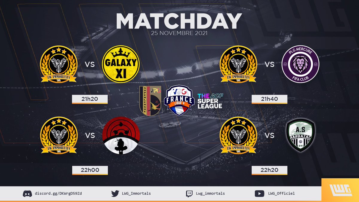 Capricarolesque's tweet photo. 🏆 | @LigueAcf 
🆚 | @XI_Galactic 
⏰ | 21:20

🆚 | @ClanUchiwa_ 
⏰ | 22:00

🏆 | @belgique_vpg 
🆚 | @PLGMercure_ 
⏰ | 21:40

🏆 | Cup @VPGFrance_ 
🆚 | @ASAesport_ 
⏰ | 22:20

4 matchs d’une grande importance.

#LWG_Officiel 
@LWG_Immortals https://t.co/678zfVxAwh