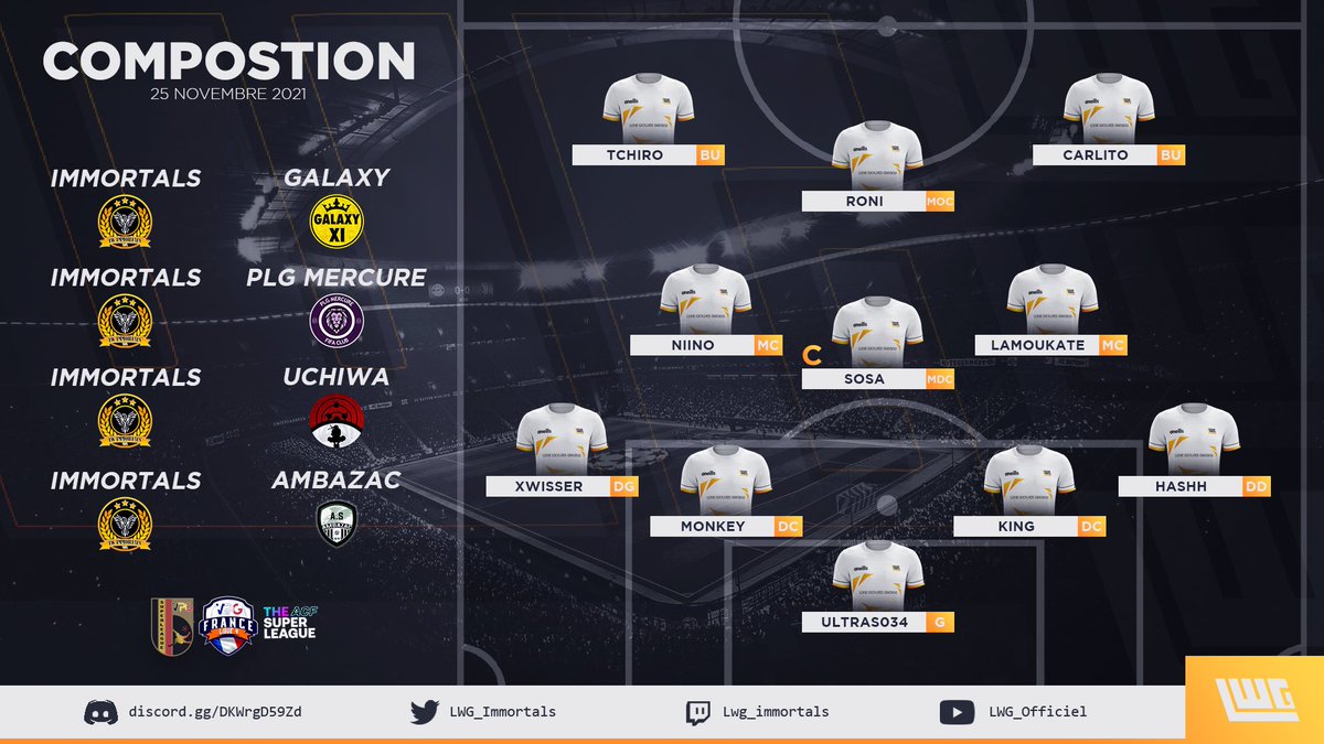 🏆 | <a href="/LigueAcf/">ACF France 🇫🇷</a> 
🆚 | <a href="/XI_Galactic/">XI GALAXY</a> 
⏰ | 21:20

🆚 | <a href="/ClanUchiwa_/">Clan Uchiwa</a> 
⏰ | 22:00

🏆 | <a href="/belgique_vpg/">VPG BELGIQUE 🇧🇪</a> 
🆚 | <a href="/PLGMercure_/">p</a> 
⏰ | 21:40

🏆 | Cup <a href="/VPGFrance_/">VPG France</a> 
🆚 | @ASAesport_ 
⏰ | 22:20

4 matchs d’une grande importance.

#LWG_Officiel 
@LWG_Immortals